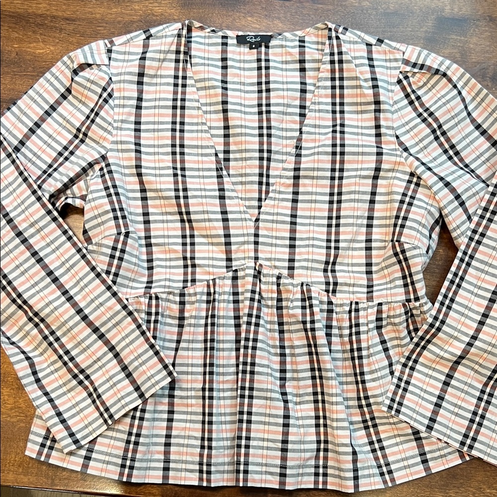 Rails Noella Stockholm Check V-Neck Pink Black Top - Size M